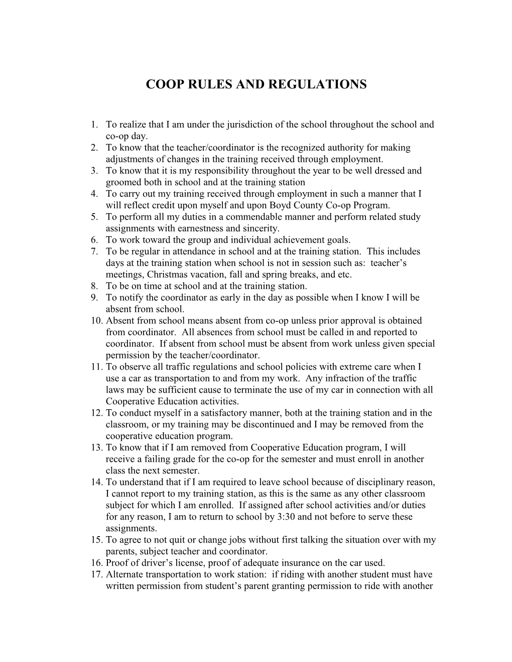 Coop Rules and Regulations