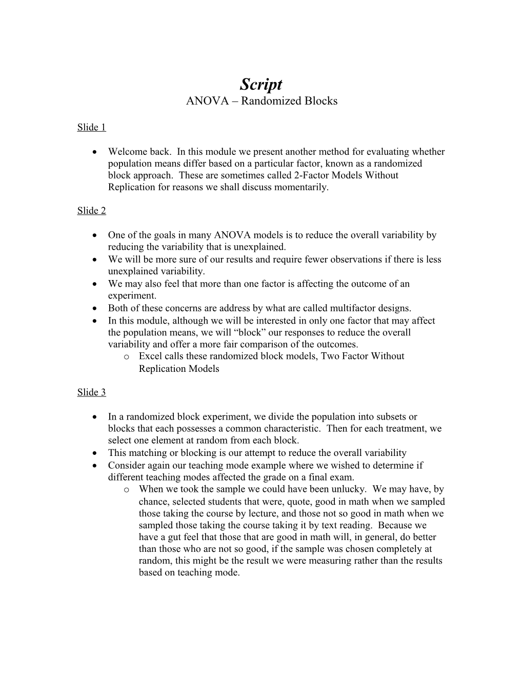 ANOVA Randomized Blocks