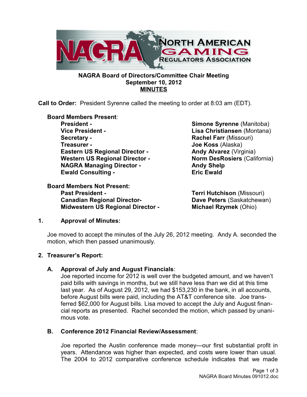 August NAGRA Board Meeting Minutes