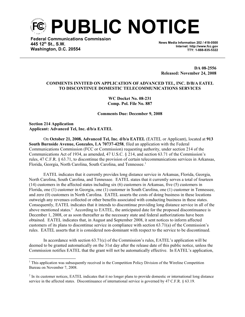 Comments Invited on Application of Advanced Tel, Inc. D/B/A Eatel to Discontinue Domestic