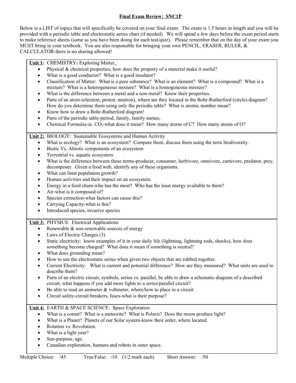 SBI3C: Final Exam Review