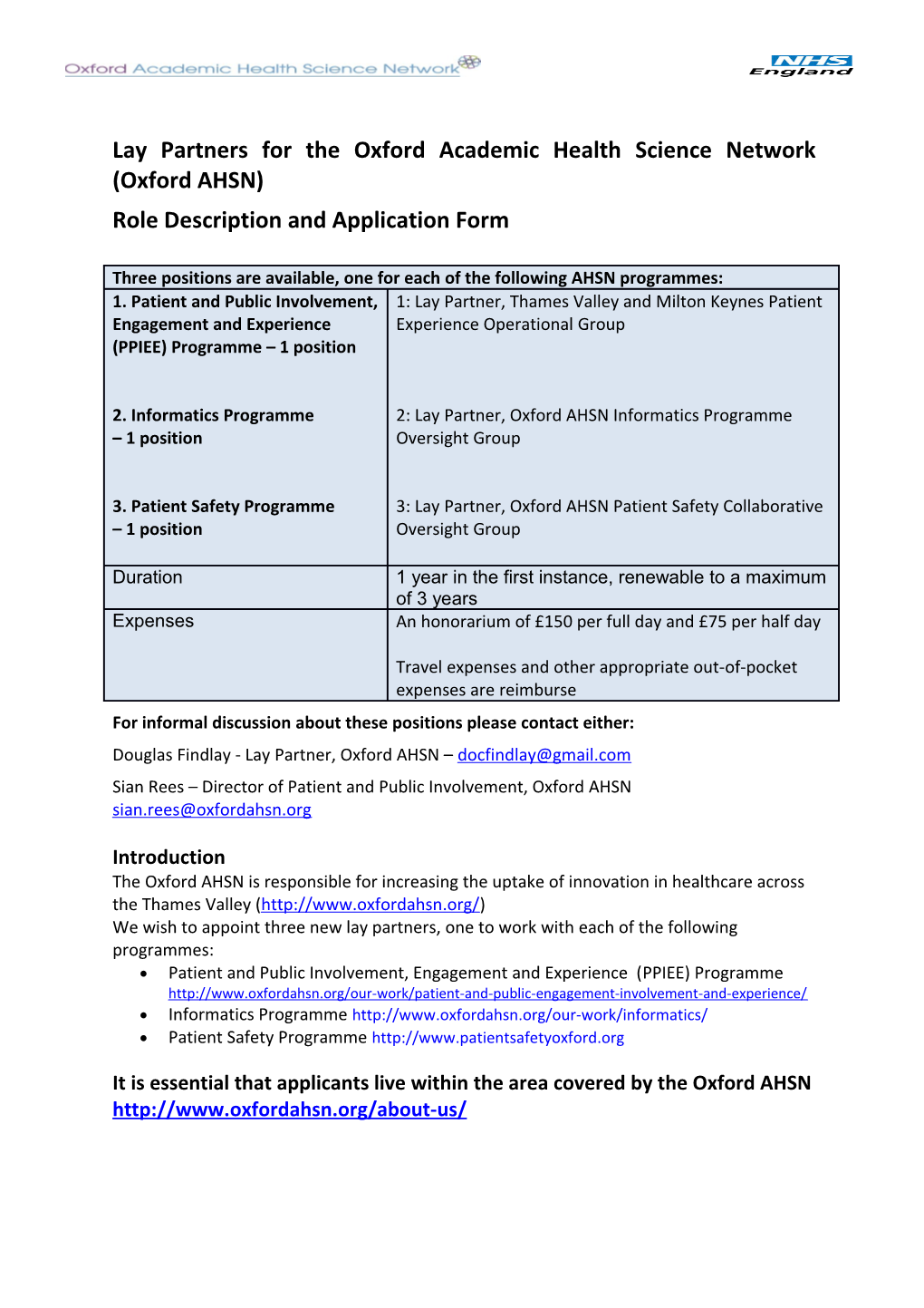 Lay Partners for the Oxford Academic Health Science Network (Oxford AHSN)