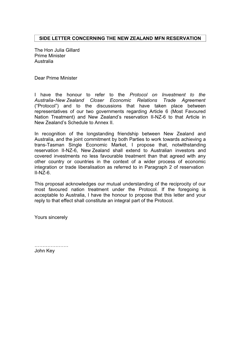 Side Letter Concerning the New Zealand MFN Reservation