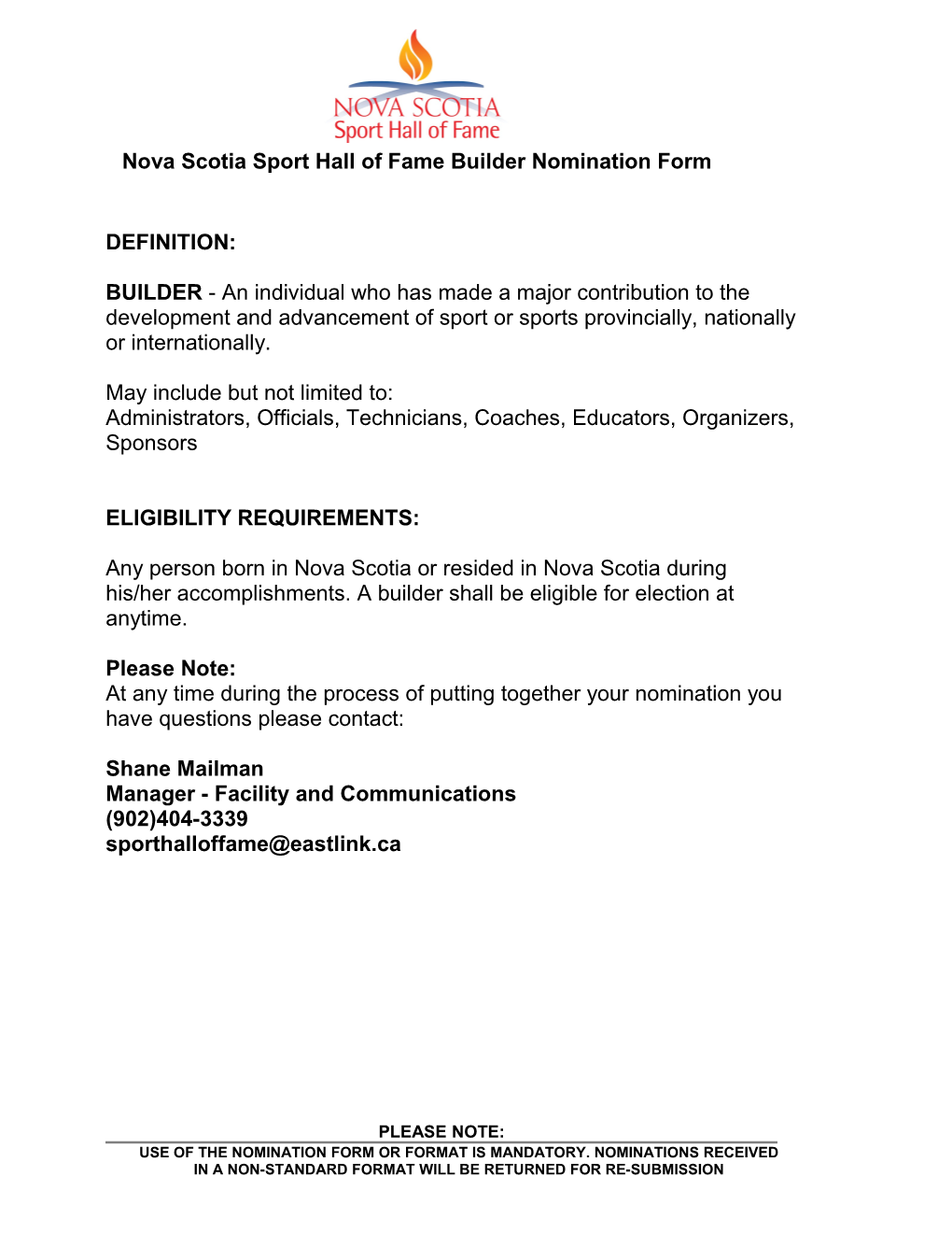 Nova Scotia Sport Hall of Fame Builder Nomination Form