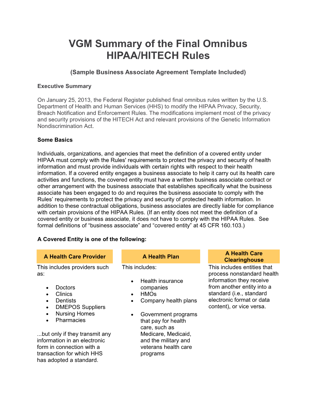 VGM Summary of the Final Omnibus HIPAA/HITECH Rules