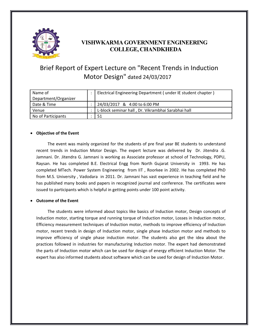 Brief Report of Expert Lecture on Recent Trends in Induction Motor Design Dated 24/03/2017