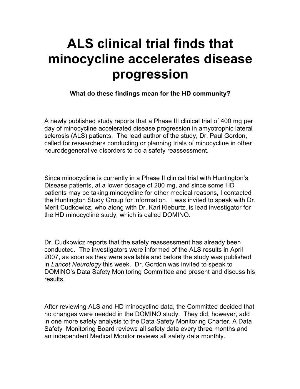 ALS Clinical Trial Finds That Minocycline Accelerates Disease Progression