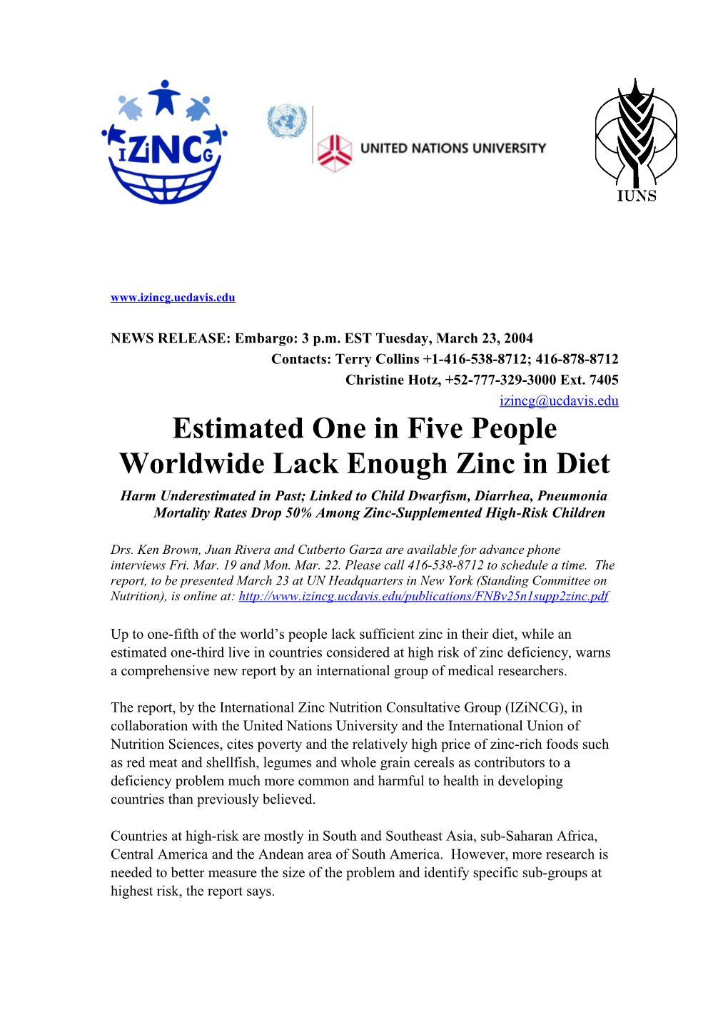 NEWS RELEASE: Embargo: 3 P.M. EST Tuesday, March 23, 2004