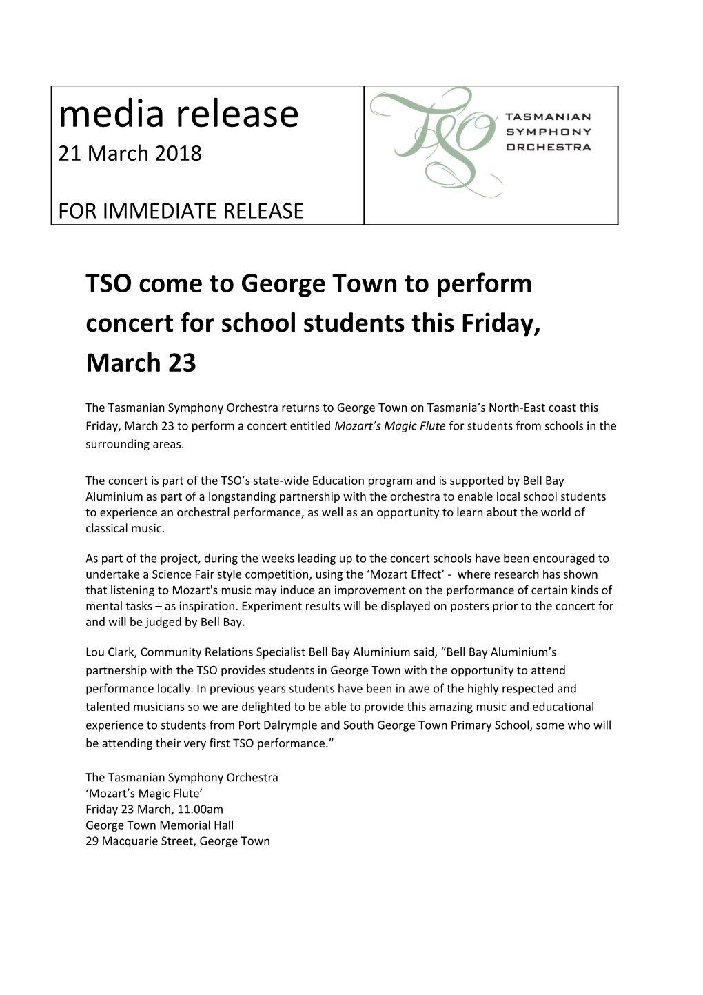 TSO Come to George Town to Perform Concert for School Students This Friday, March 23