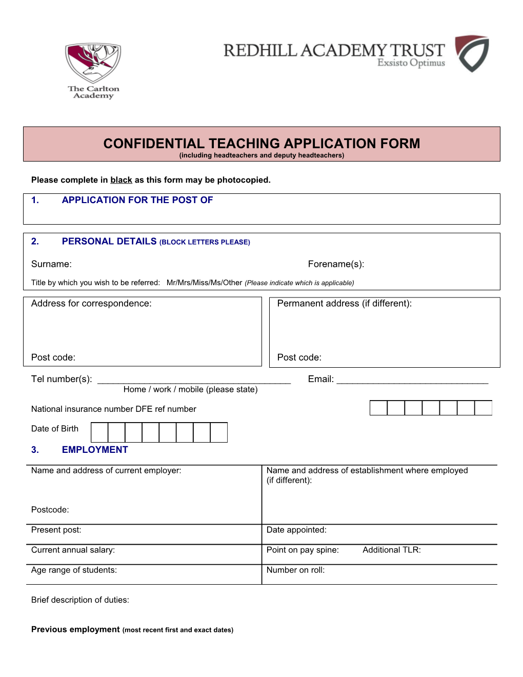 Confidential Teaching Application Form