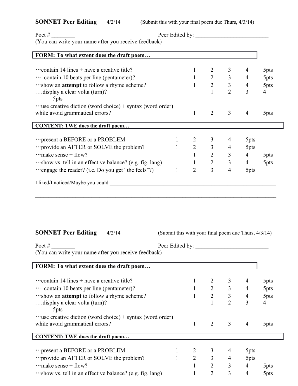SONNET Peer Editing 4/2/14 (Submit This with Your Final Poem Due Thurs, 4/3/14)