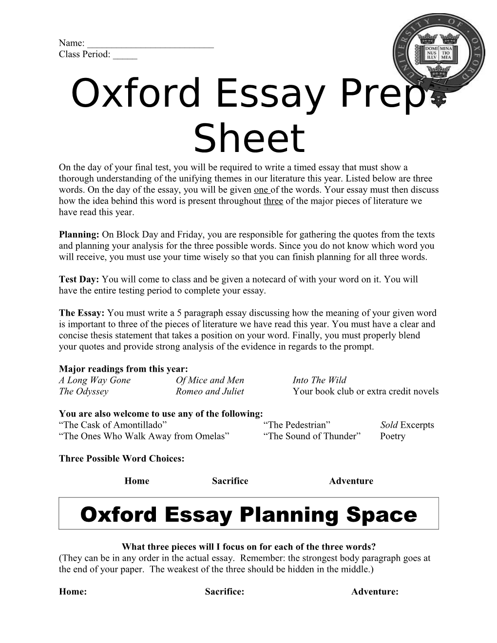 Oxford Essay Prep Sheet