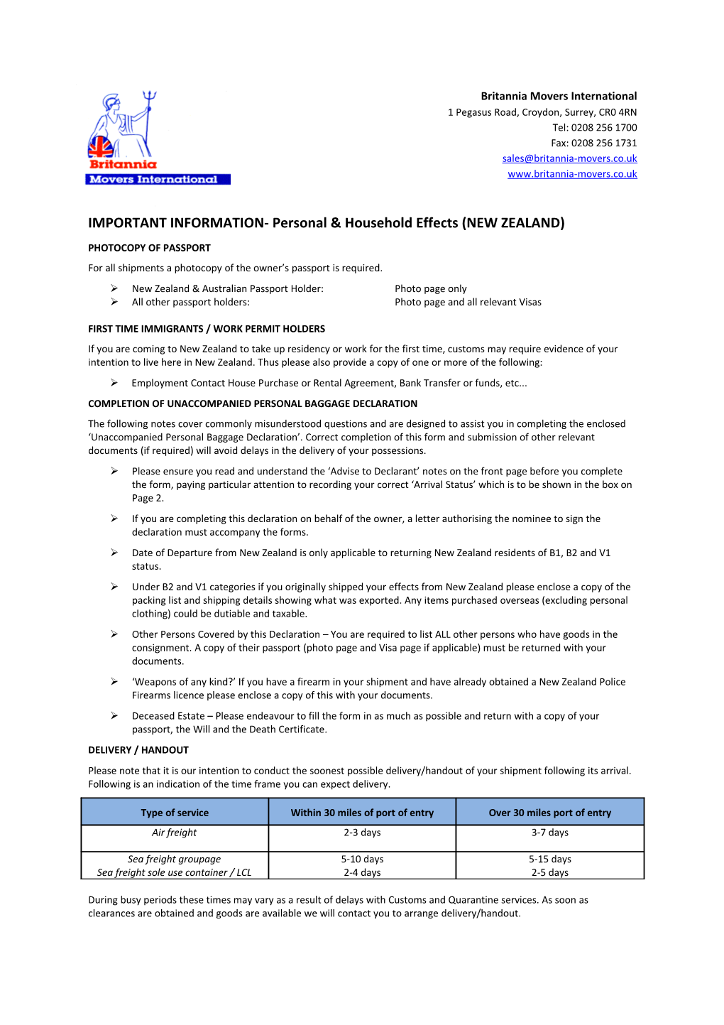 IMPORTANT INFORMATION- Personal & Household Effects (NEW ZEALAND)