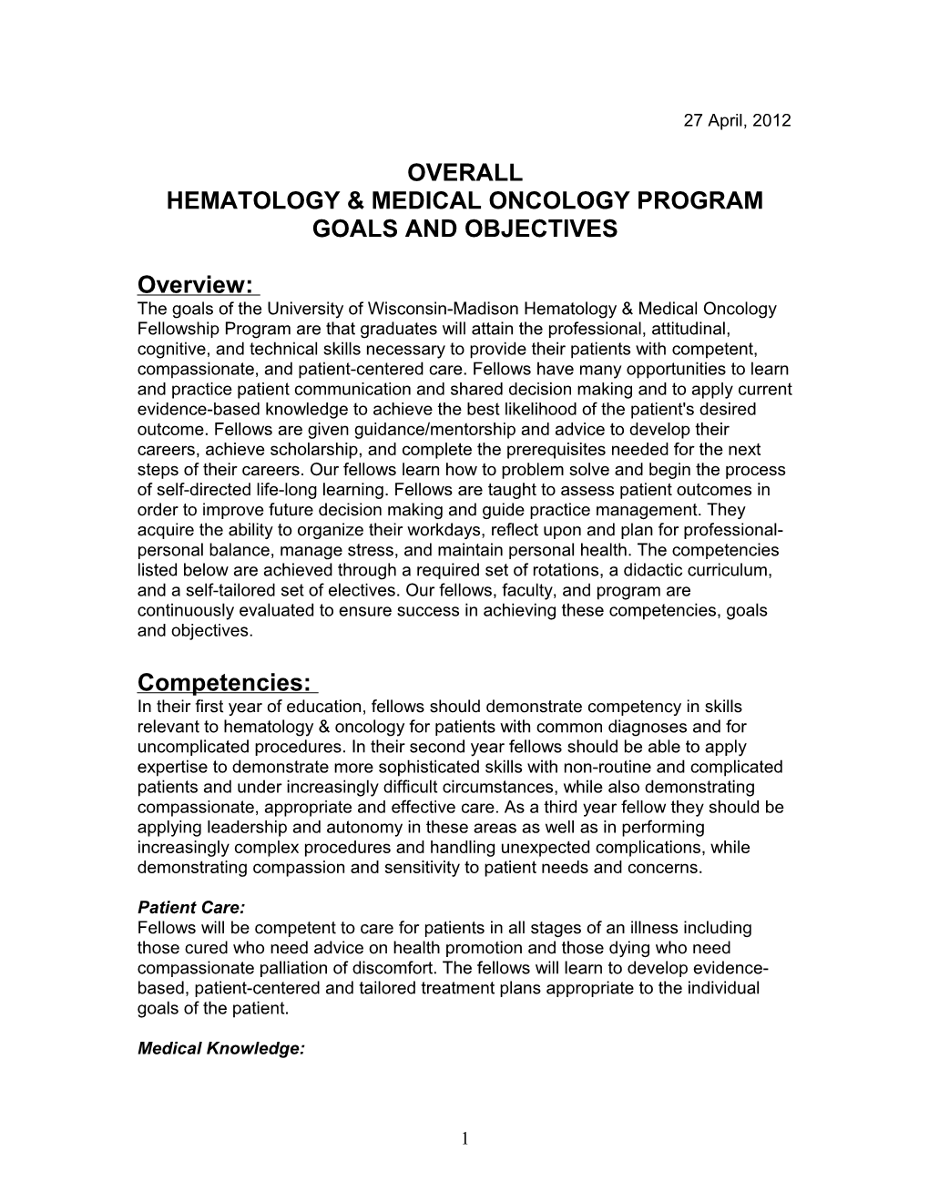 Hematology & Medical Oncology Program Goals and Objectives
