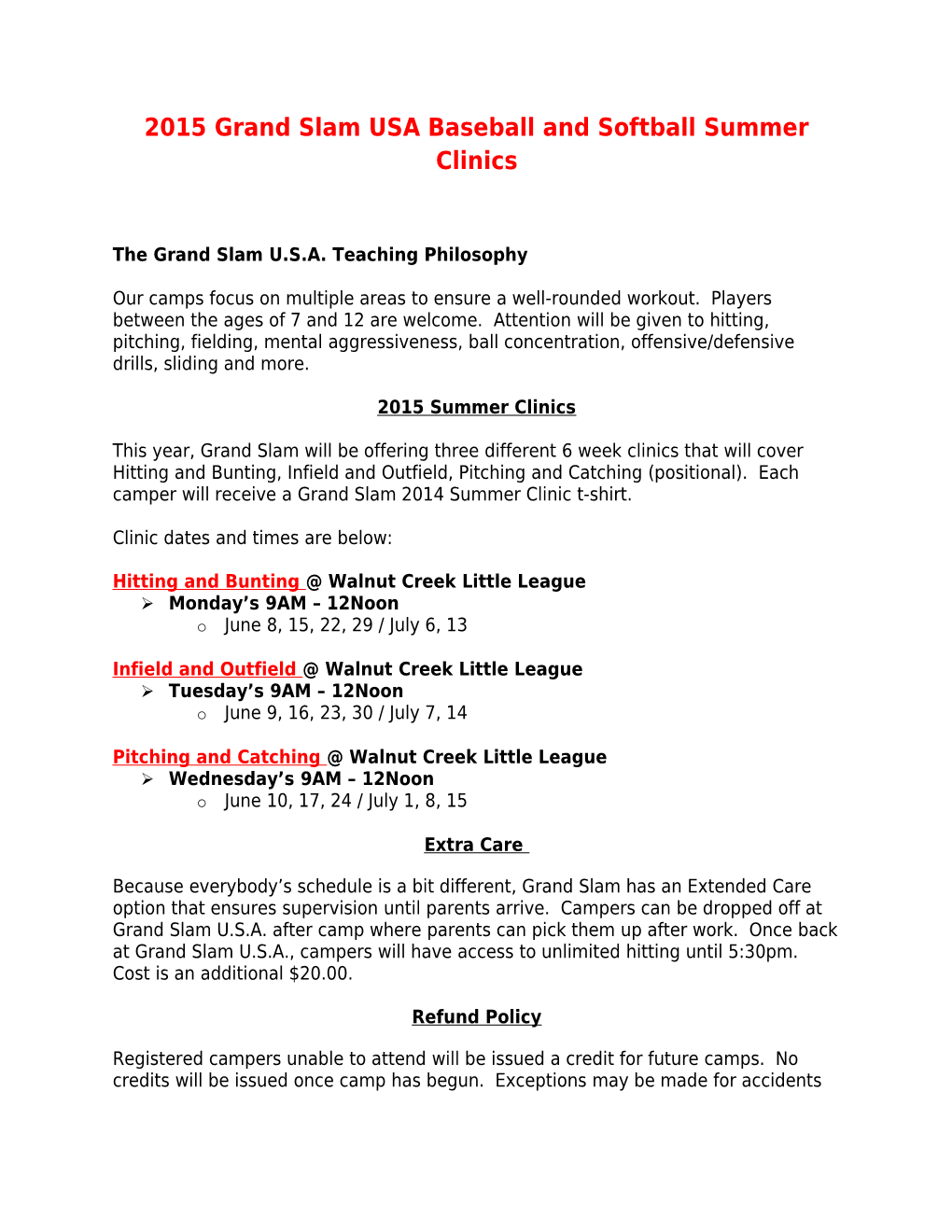 2015 Grand Slam USA Baseball and Softball Summer Clinics