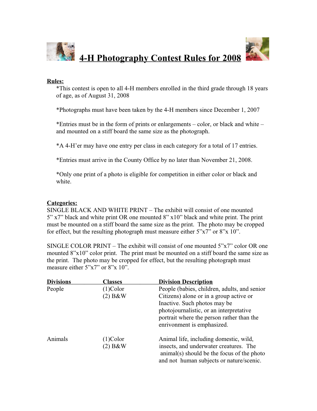4-H Photography Contest Rules for 2008