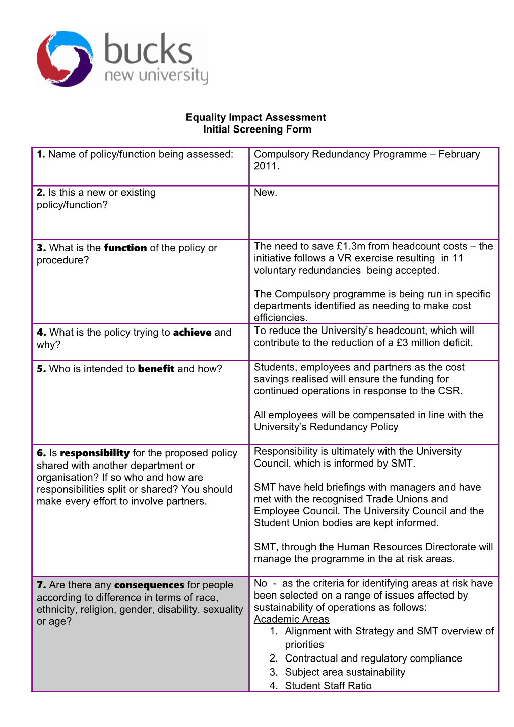 Equality Impact Assessment Initial Screening Form