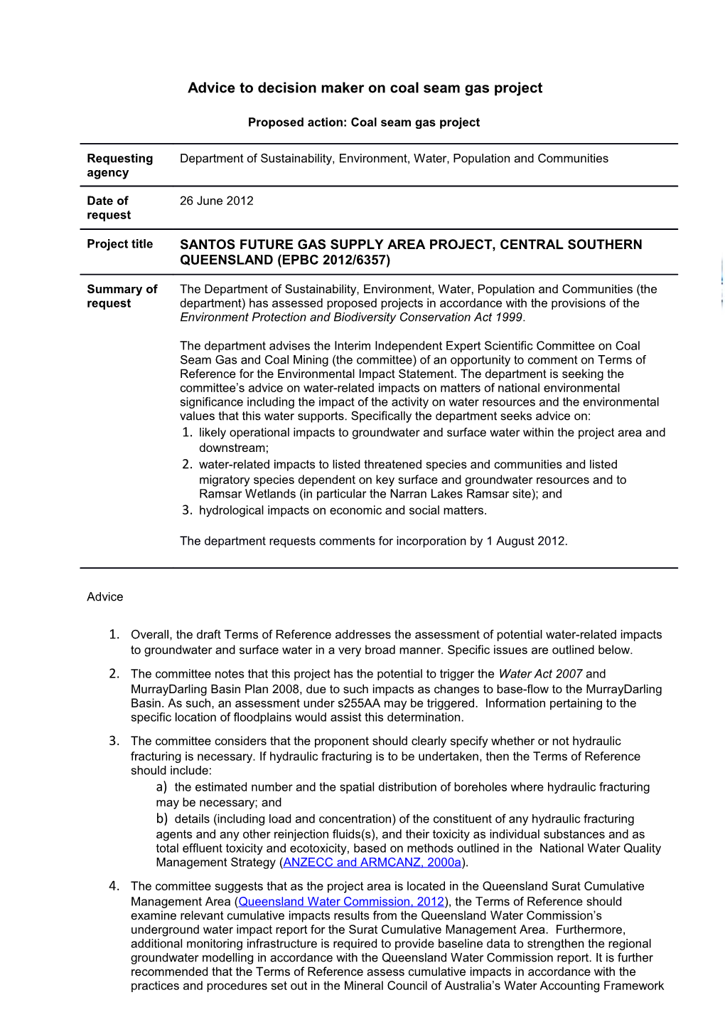 Advice to Decision Maker on Coal Seam Gas Project, Santos Future Gas Supply Area Project