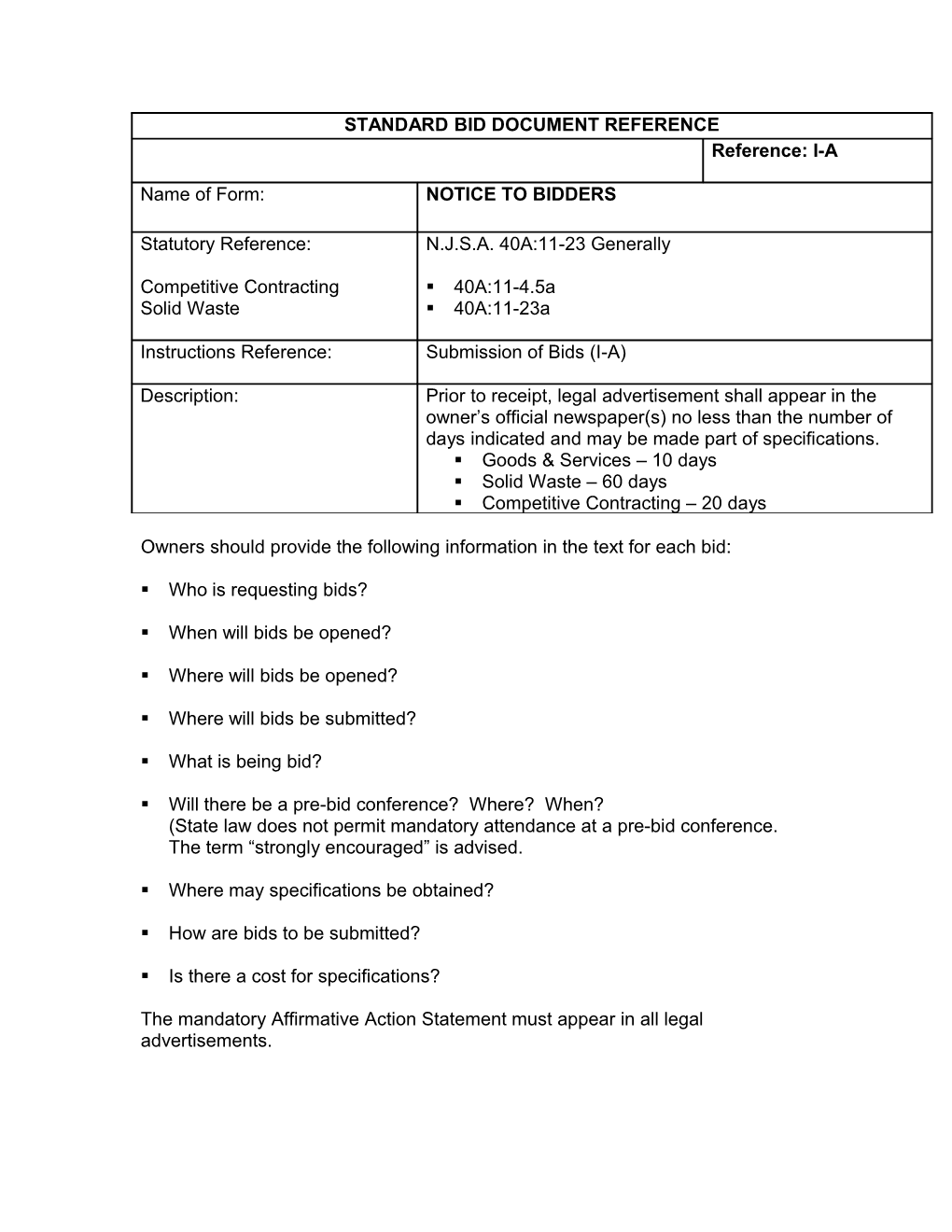 Standard Bid Document Reference