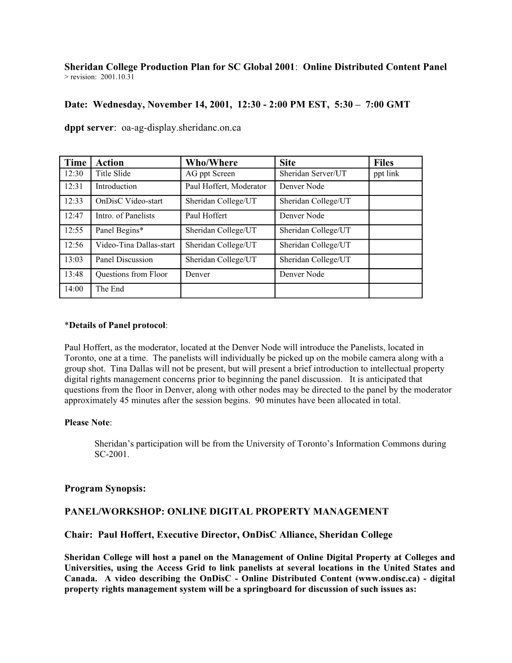 Sheridan College Production Plan for SC Global 2001: Online Distributed Content Panel