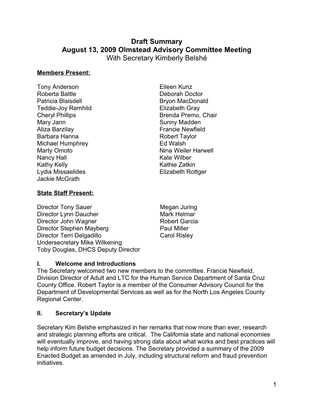 August 13, 2009 Olmstead Advisory Committee Meeting