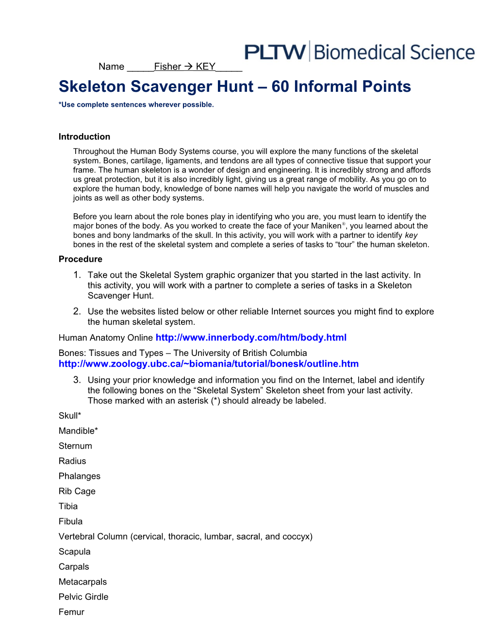 Skeleton Scavenger Hunt 60 Informal Points