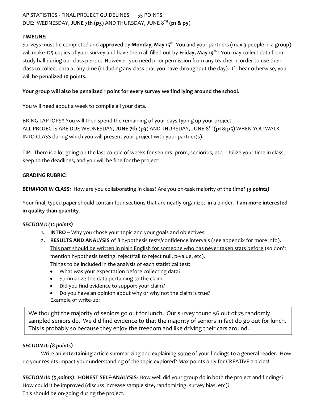 Statistics Outline for Eoy Project