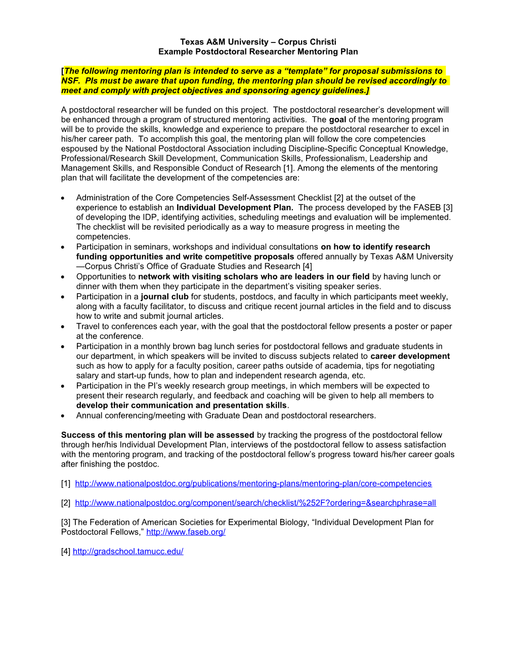 Example Postdoctoral Researcher Mentoring Plan for an NSF Proposal