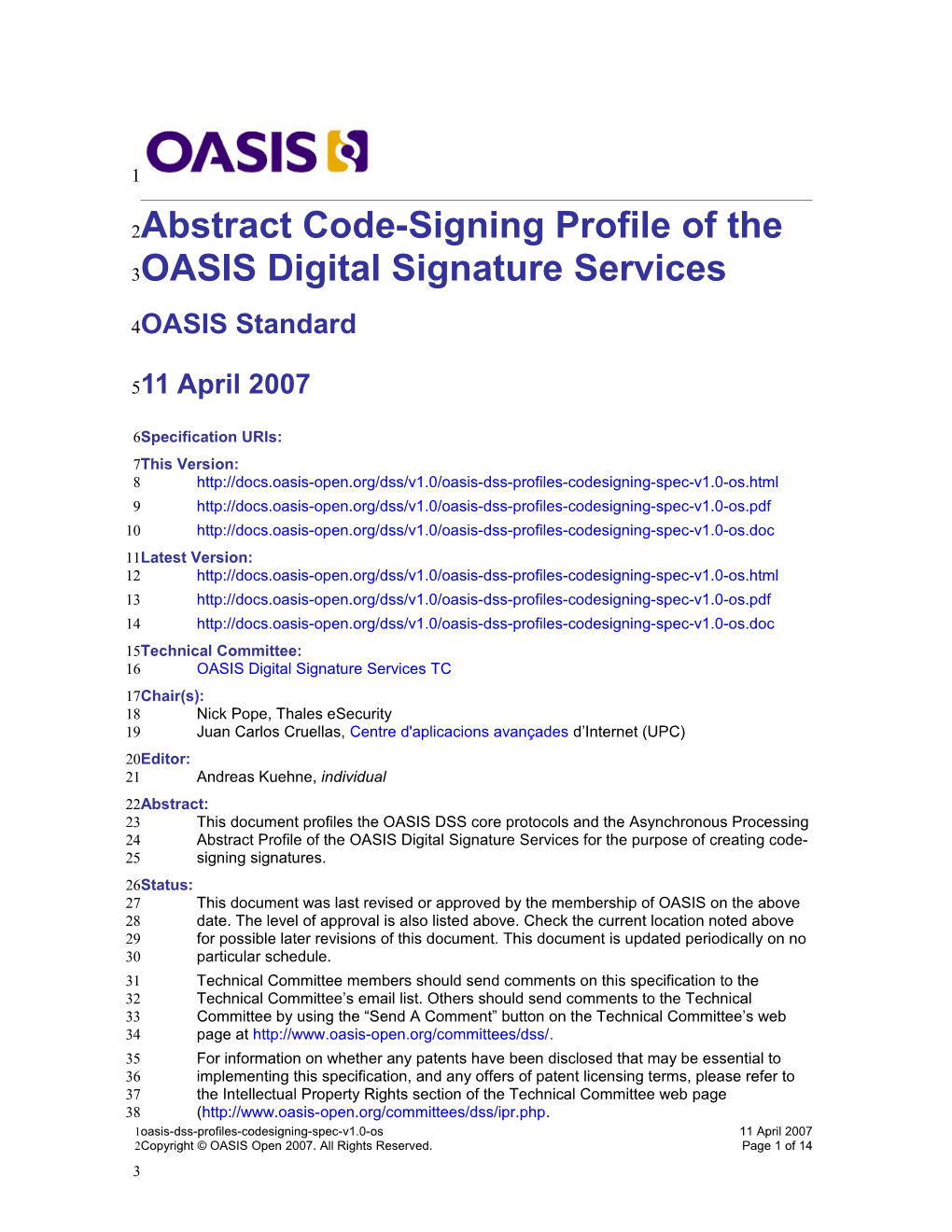 Abstract Codesigning Profile of the OASIS Digital Signature Services