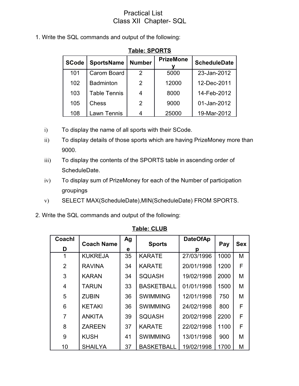 1. Write the SQL Commands and Output of the Following