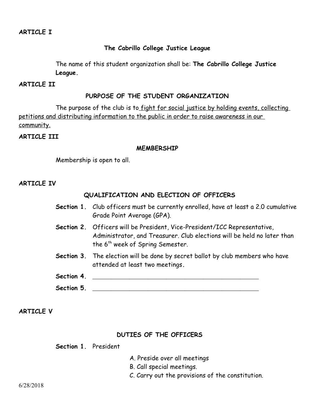 Sample Outline for a Constitution & Bylaws