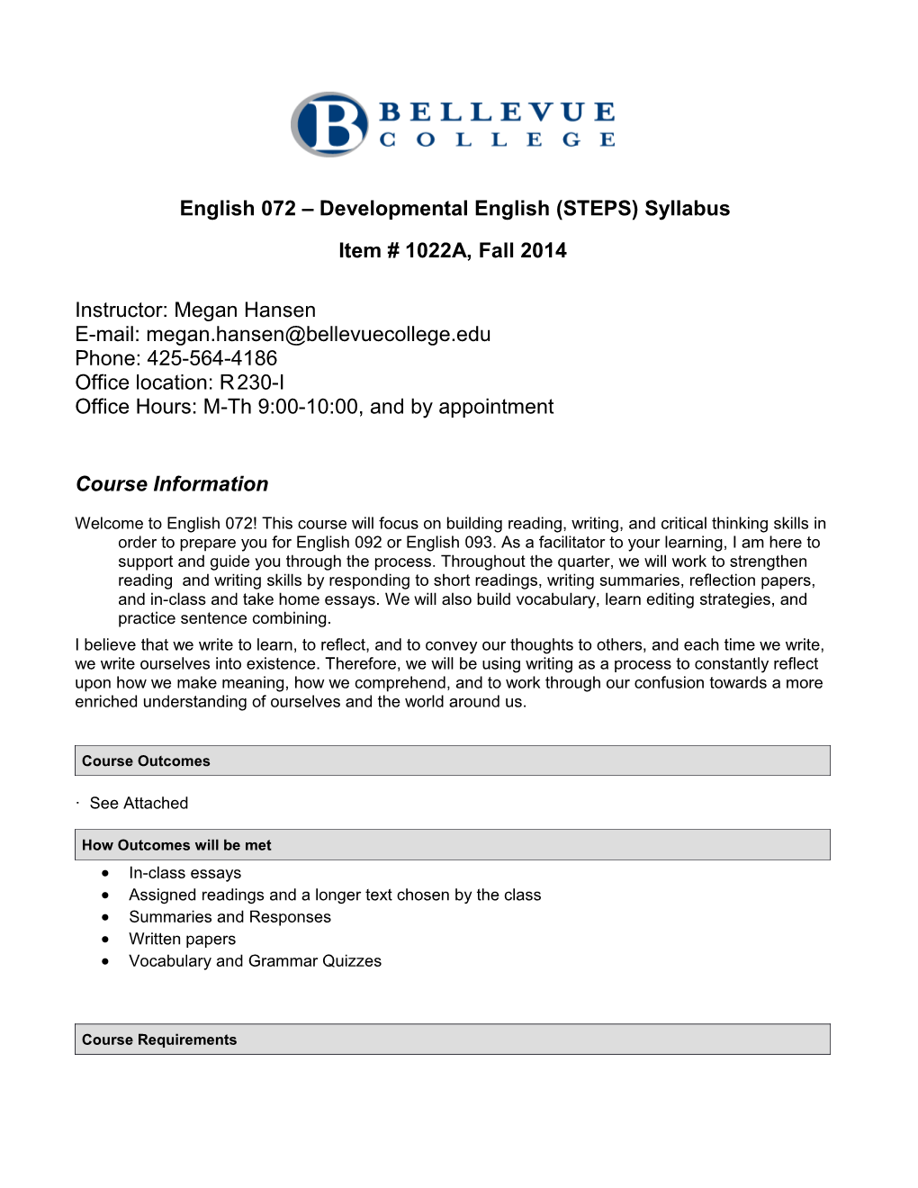 English 072 Developmental English (STEPS) Syllabus
