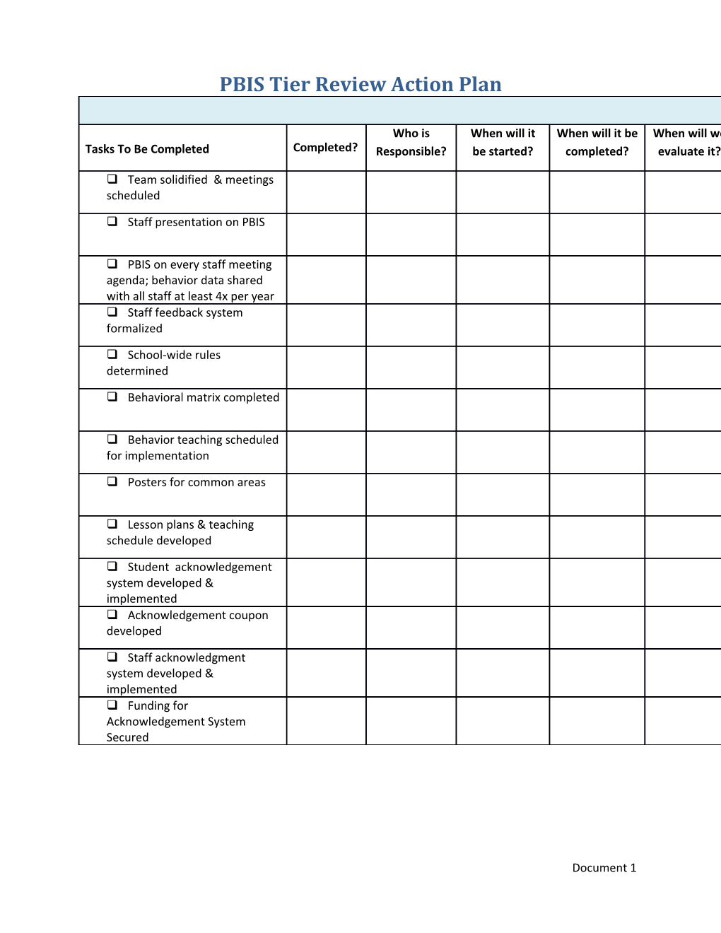 PBIS Tier Reviewaction Plan