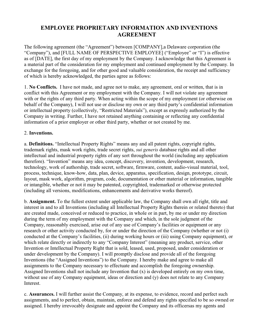 Employee Proprietary Information and Inventions Agreement