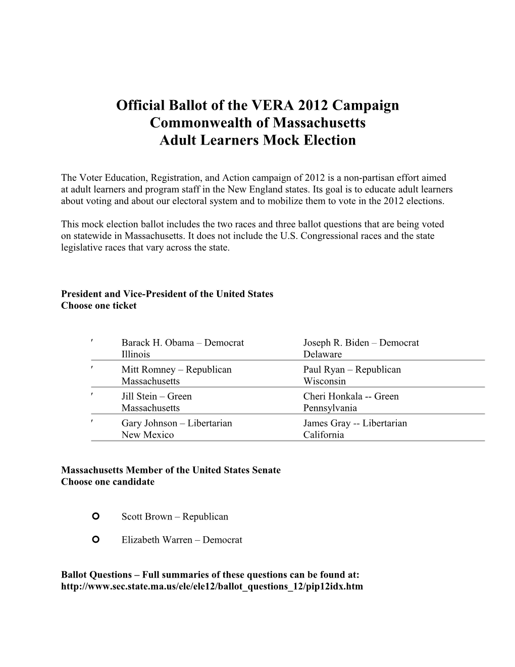 Official Ballot of the VERA 2012 Campaign