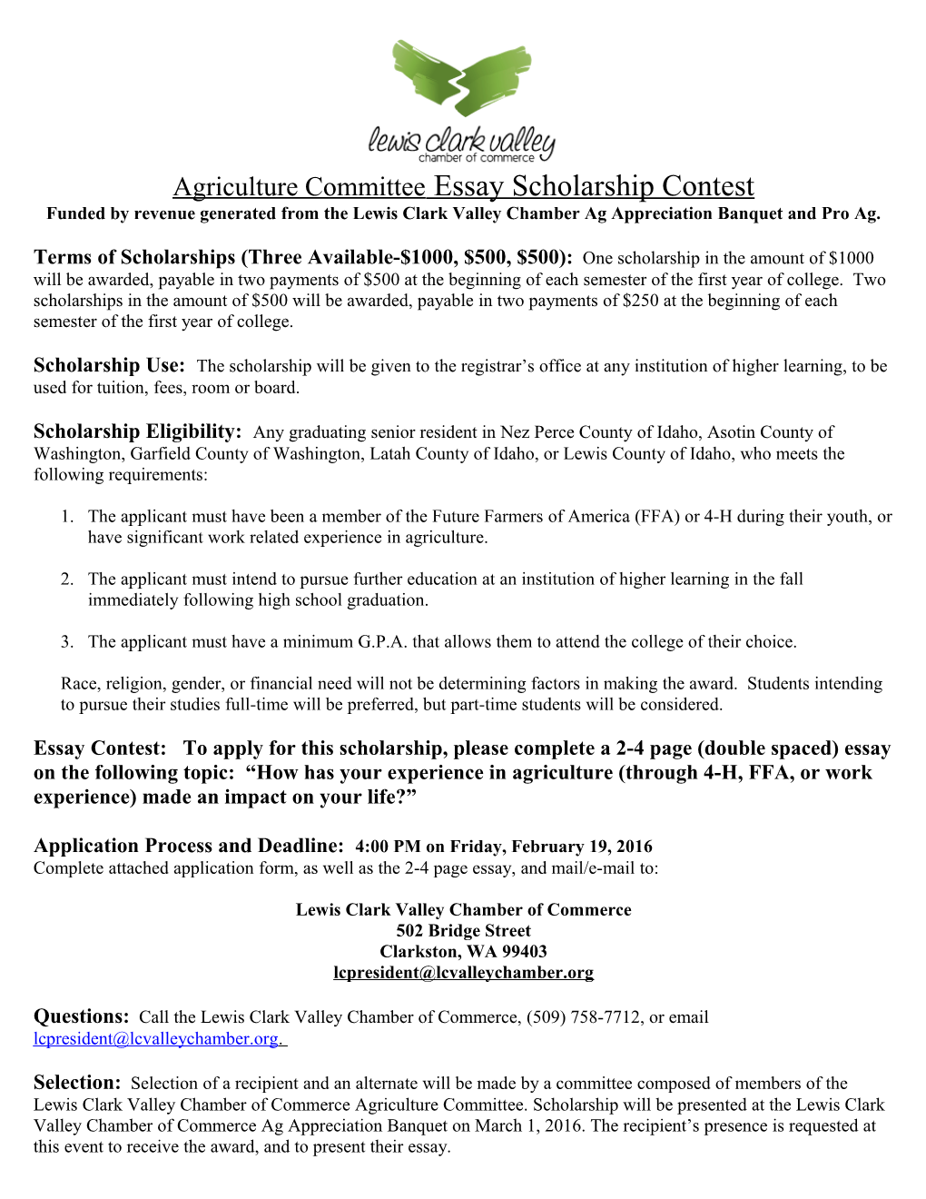 Lewiston Chamber Agriculture Committee Scholarship