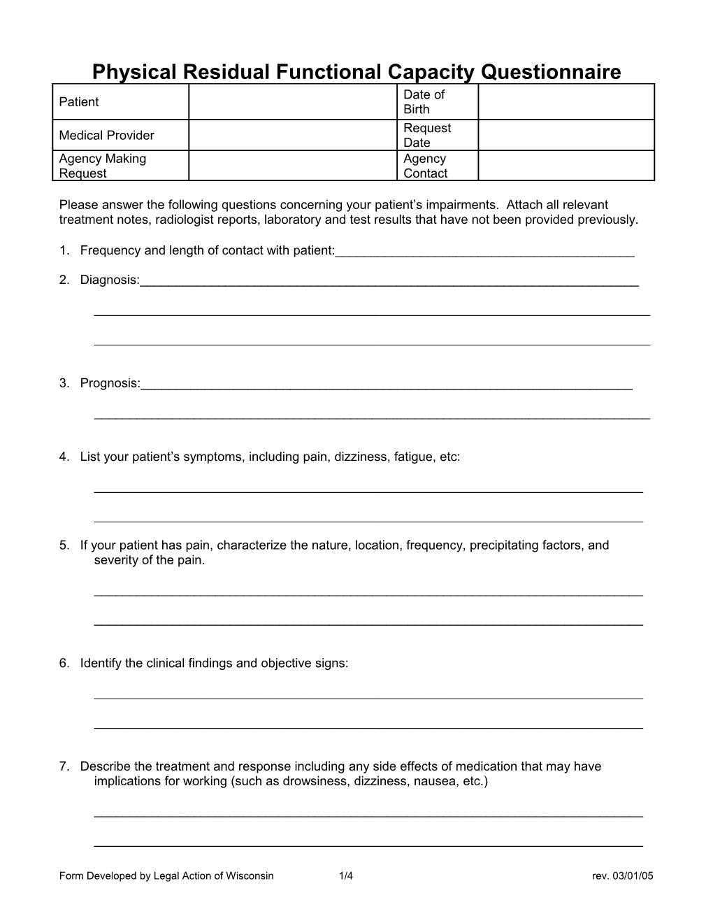 Physical Residual Functional Capacity Questionnaire