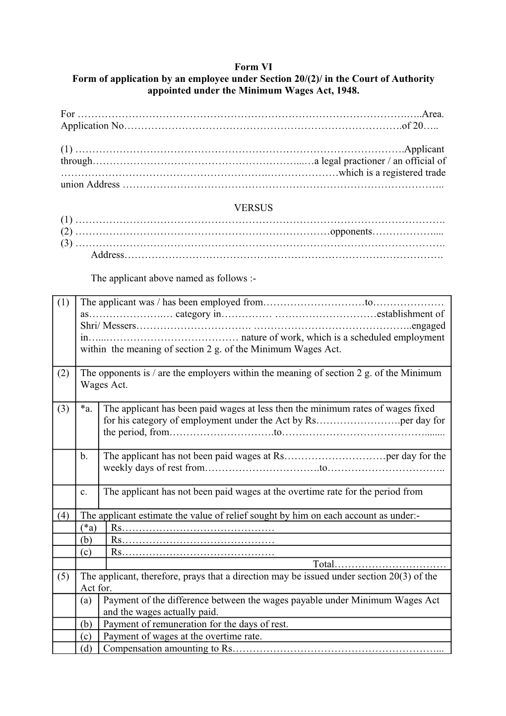 Form of Application by an Employee Under Section 20/(2)/ in the Court of Authority Appointed