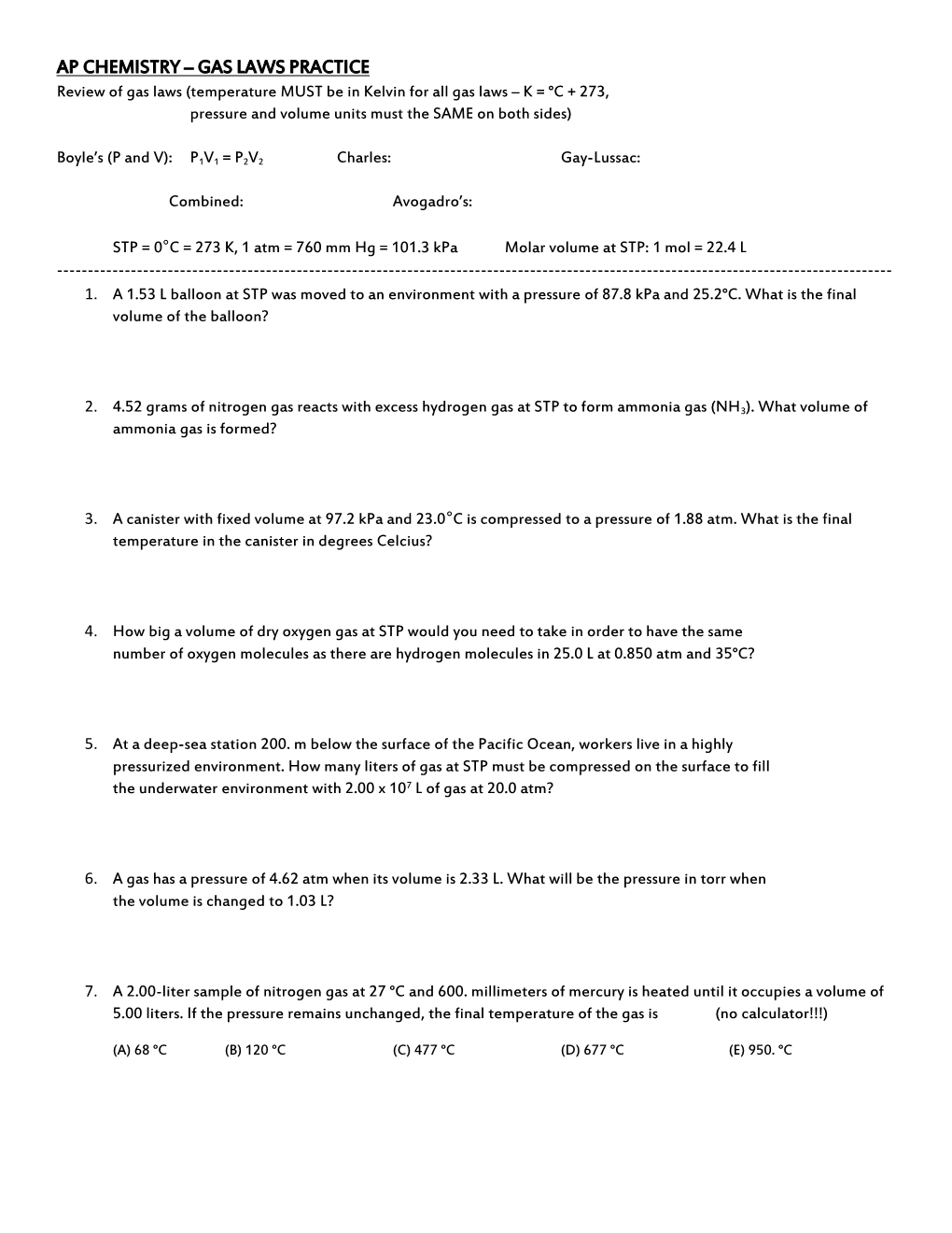 Ap Chemistry Gas Laws Practice