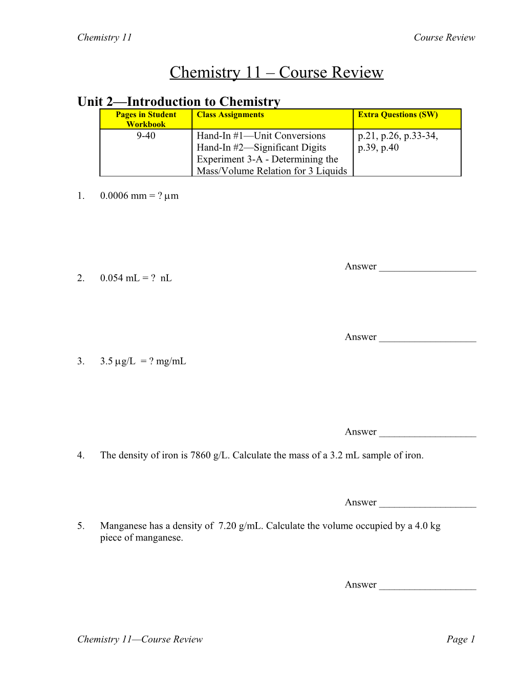 Chemistry 11 Course Review