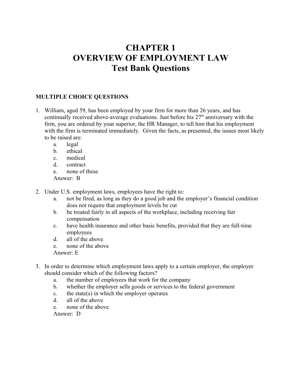 Test Bank Walsh, Employment Law for Human Resource Practice, 3E