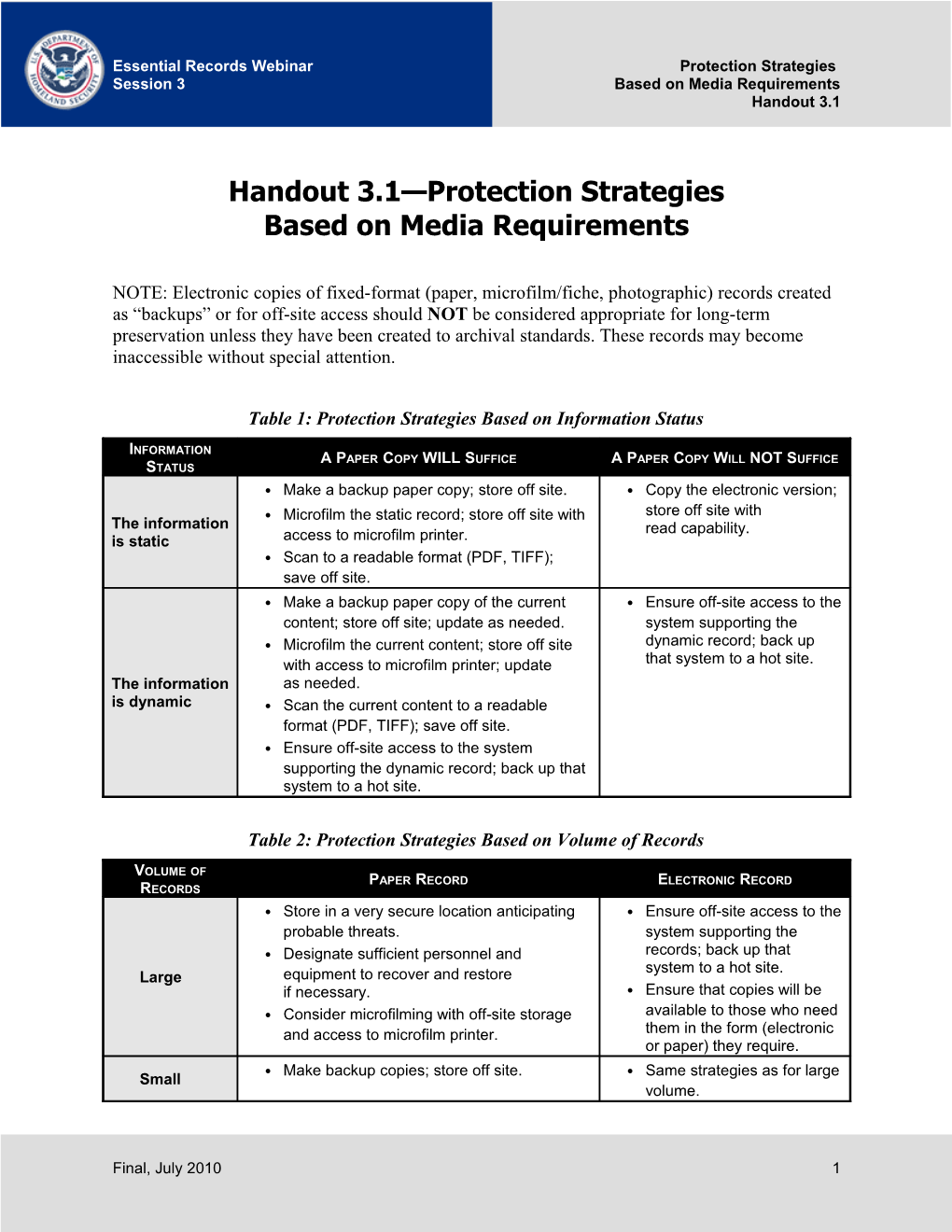 Handout 3.1 Protection Strategies Based on Media Requirements