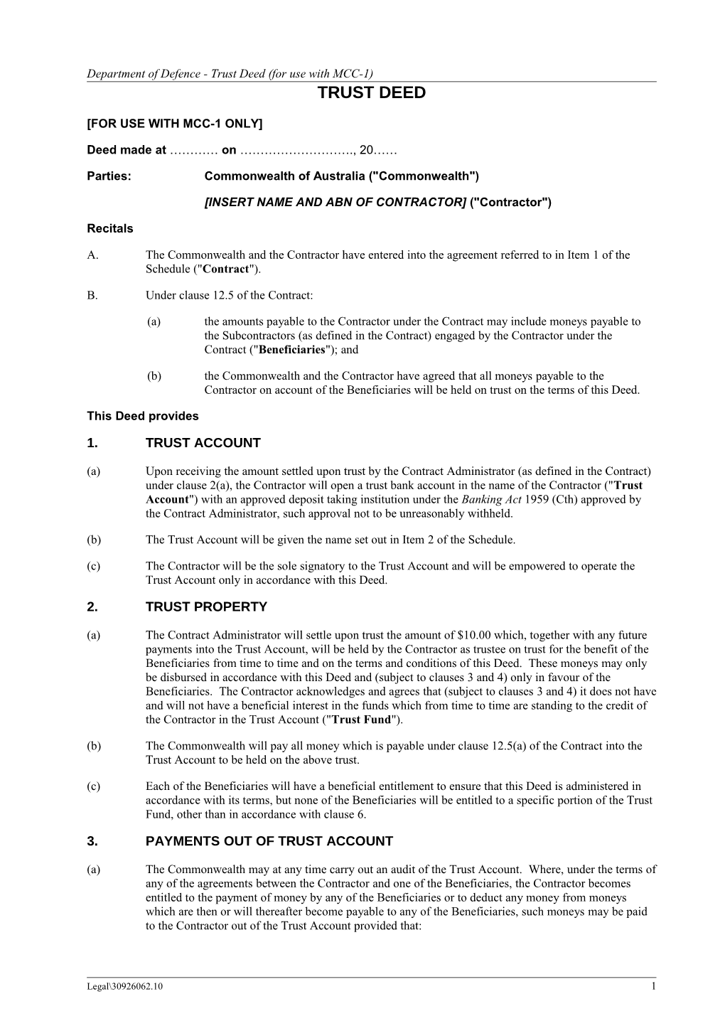 Department of Defence - Trust Deed (For Use with MCC-1)
