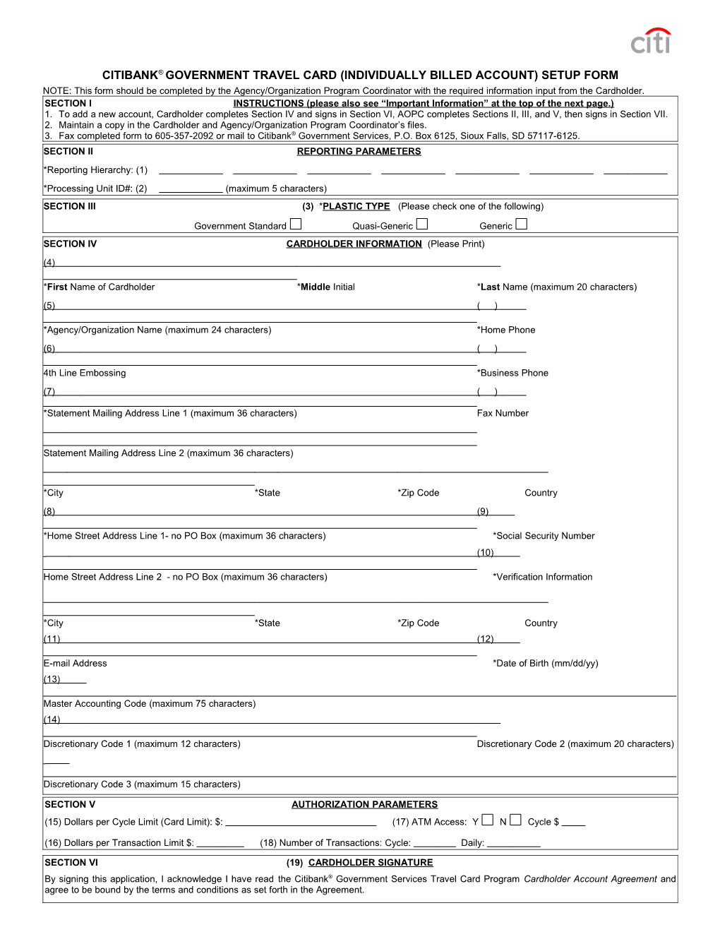 Government Travel Card (Individually Billed Account) Setup Form