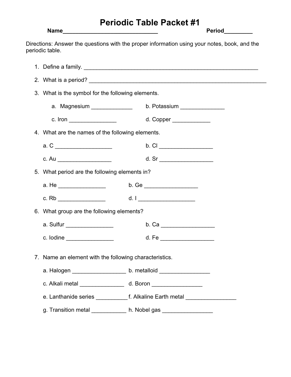 Periodic Table Worksheet s1