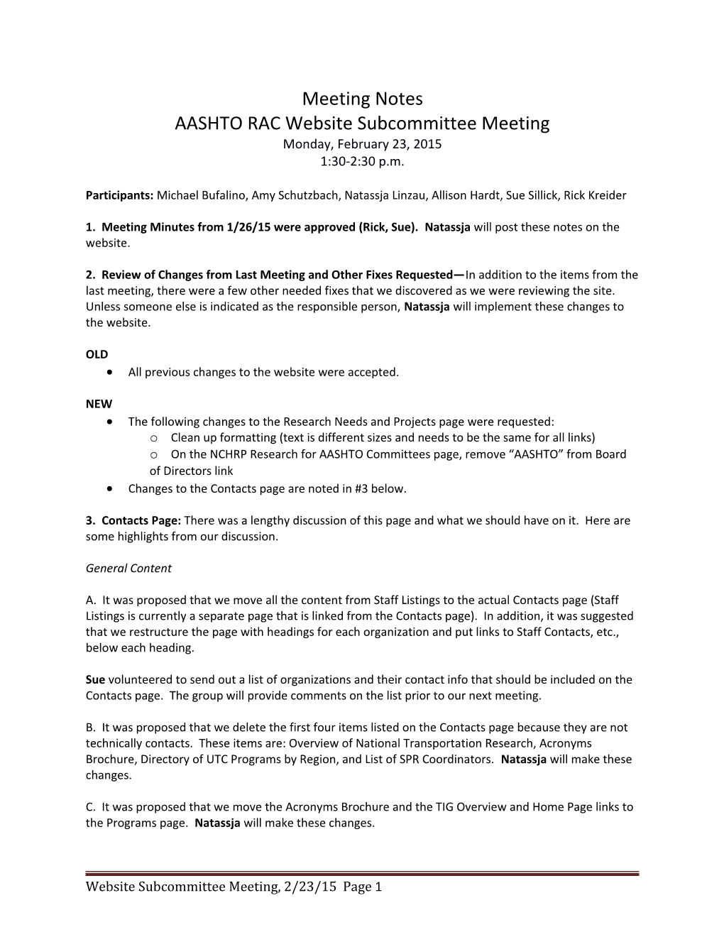 Website Subcommittee Meeting Notes: February 23, 2015