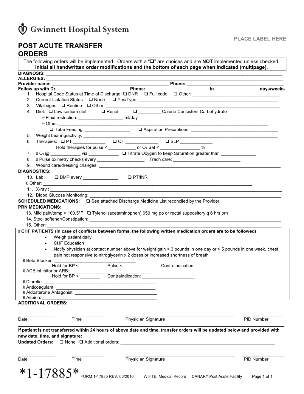 Post Acute Transfer Orders