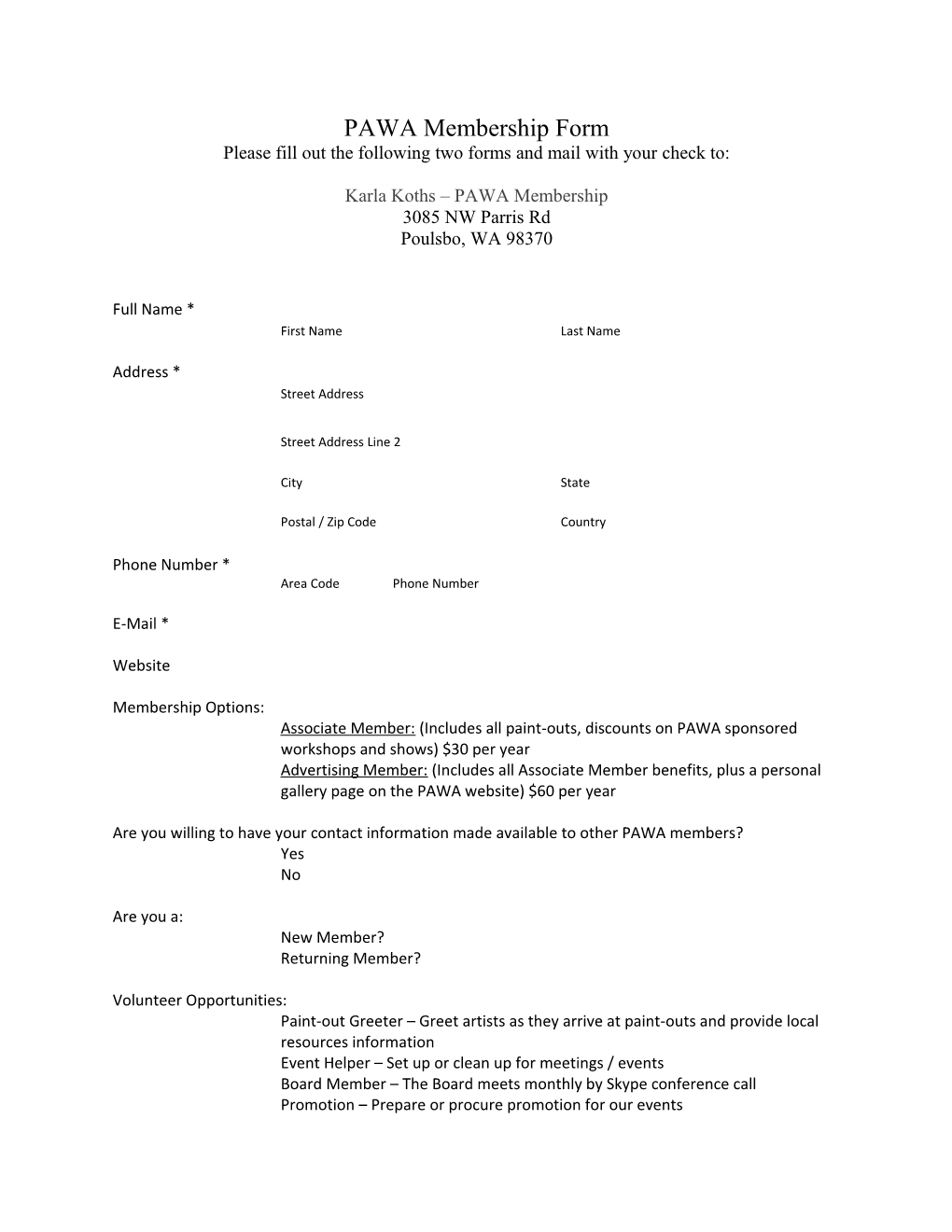 PAWA Membership Form