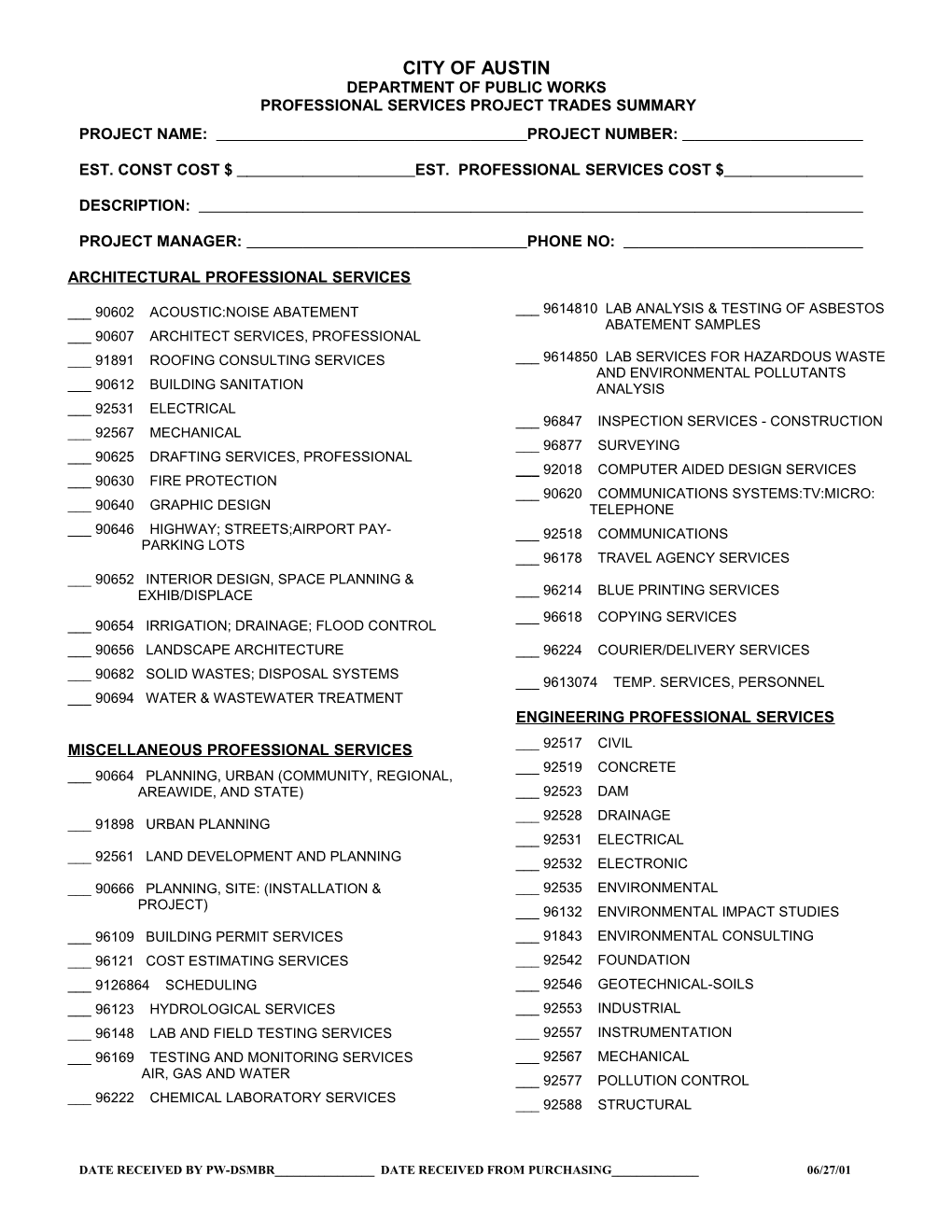 Civil Eng Project Trade Summary