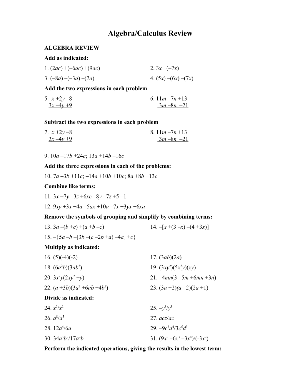 Algebra/Calculus Review
